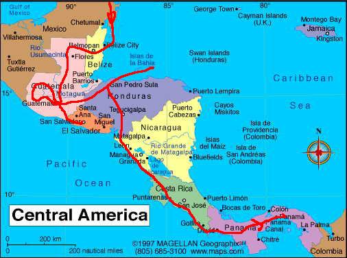 Map of my trip in Central America